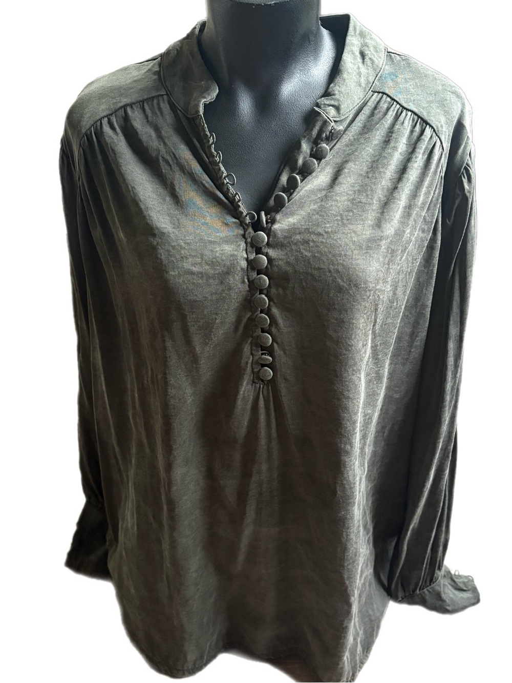 Big Star Olive Green Button-Front V-Neck Tunic Blouse 100% Lyocel